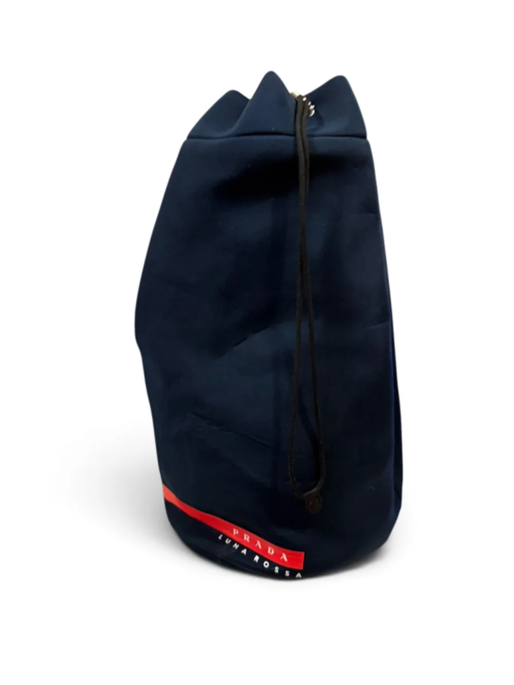 Prada Luna Rossa Navy Blue Drawstring Sling Backpack Shoulder Bag Red Logo